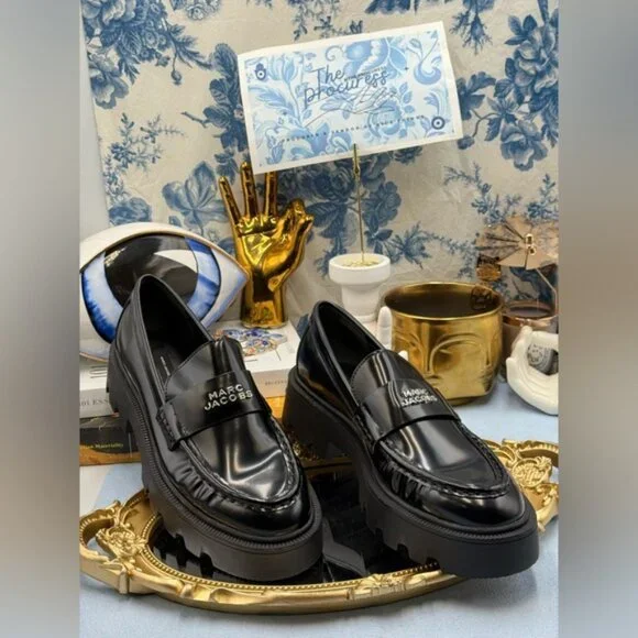 🆕 MARC JACOBS 🧿 NWOB The Frankie Logo-Plaque Platform Loafer, Black Sz 37 US7 - Picture 2 of 14